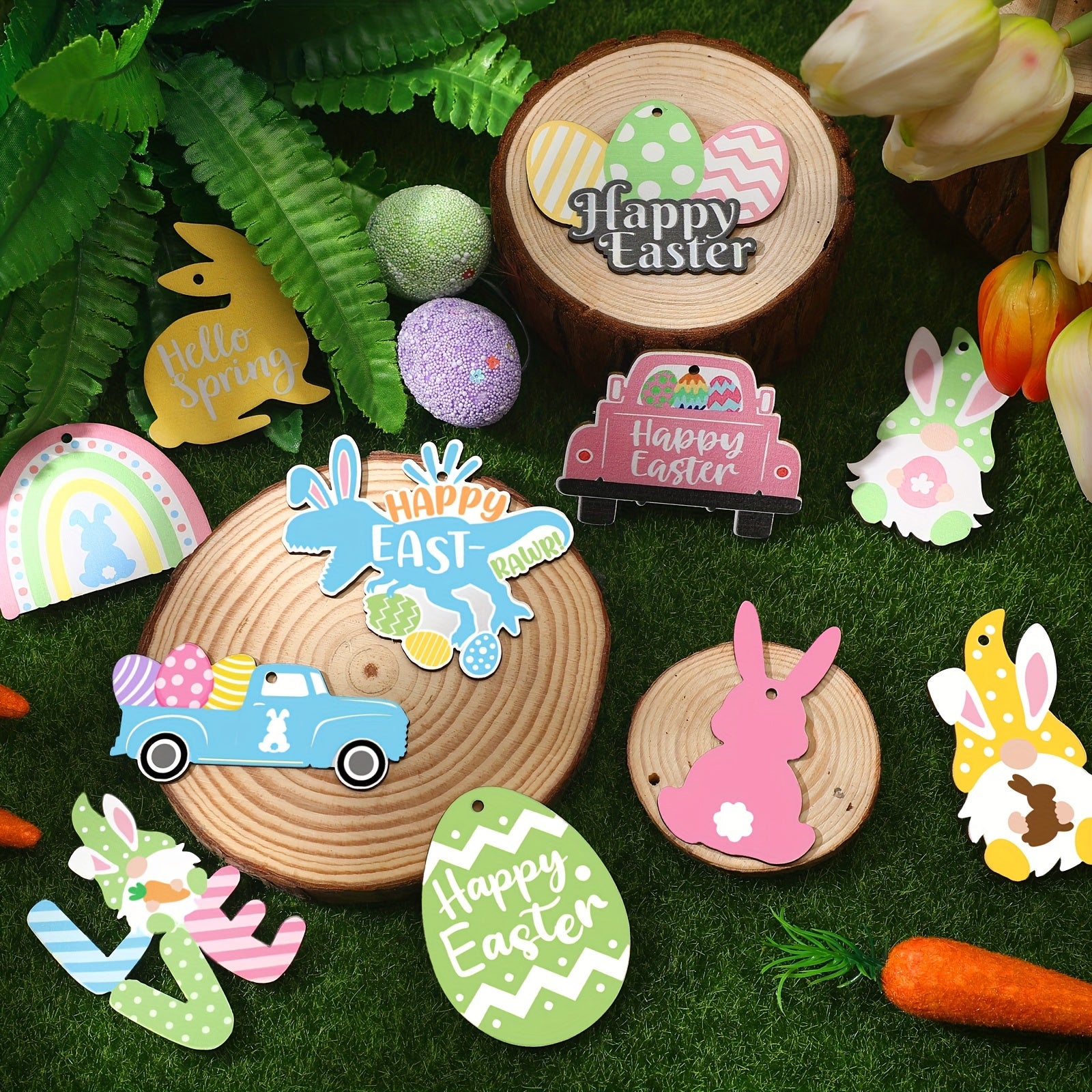 [Wooden Easter Ornaments] 24pcs Wooden Easter Ornaments - Happy Easter Egg Gnome Bunny Chick Cutouts Spring Decorations - 12 Styles (Truck)