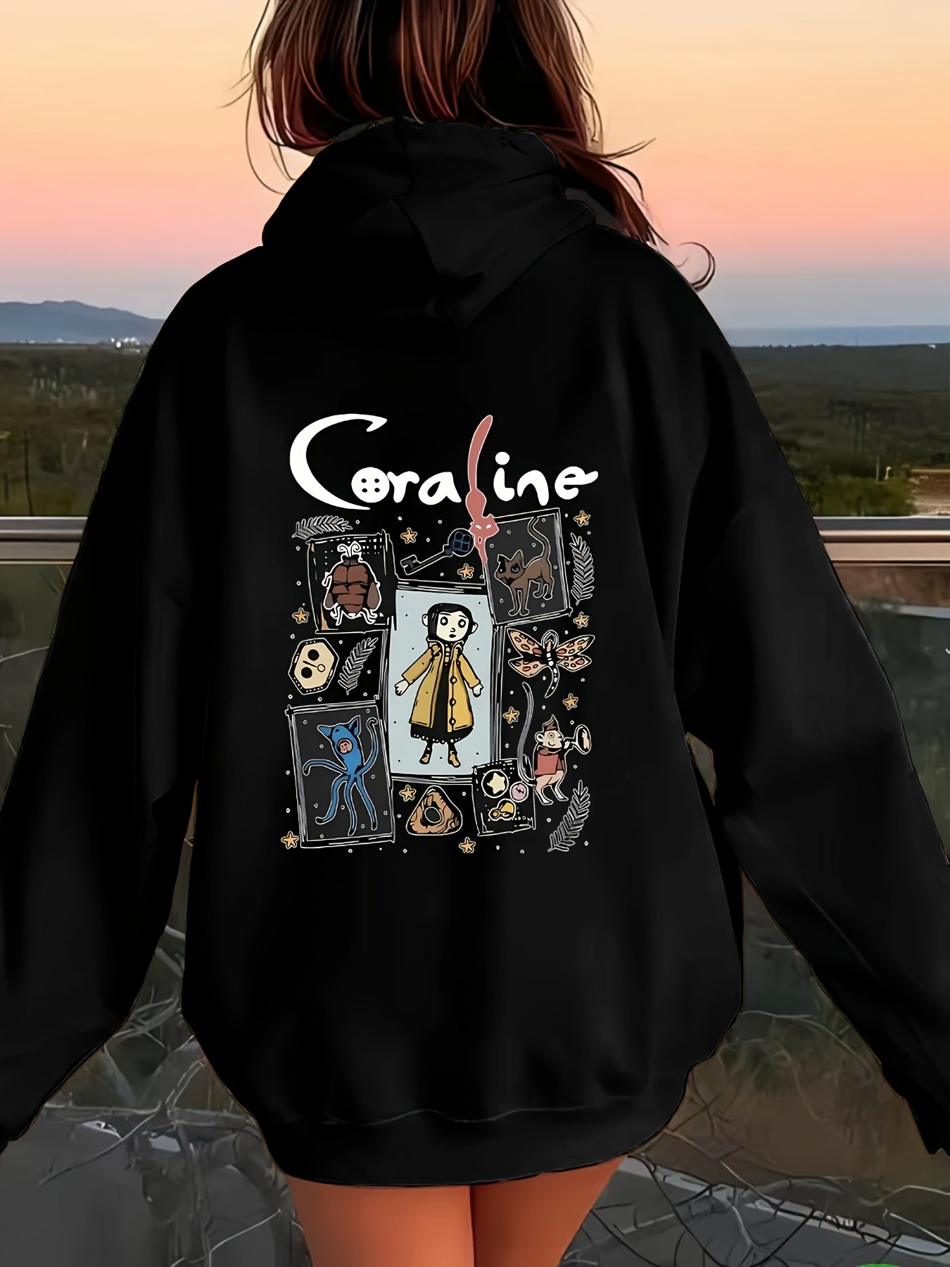 Comfortable Coraline Themed Cartoon Print Hoodie for Women, Casual Knit Fabric, Hooded Polyester Sweatshirt for All Seasons with Drawstring