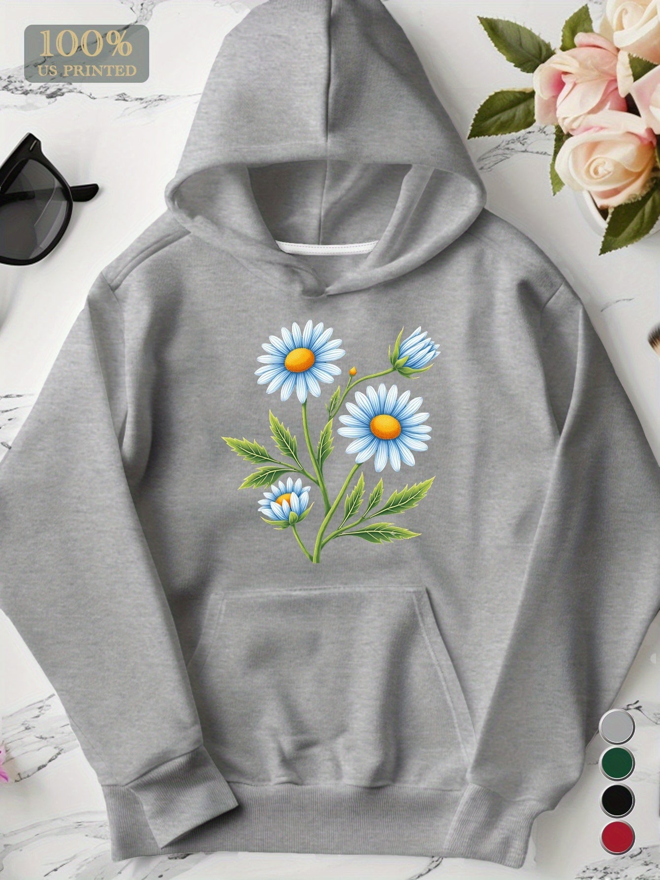 Blue Daisies Botanical Embroidered Women'S Plus Size Hoodies