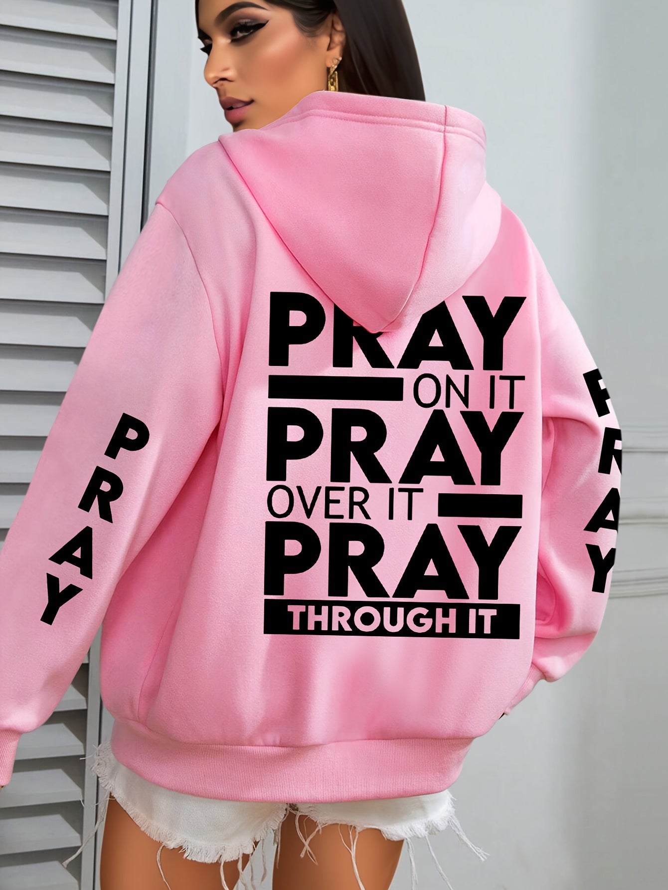 Plus Size PRAY Print Kangaroo Pocket Hoodie - Cozy Casual Long Sleeve Drawstring Sweatshirt with Relaxed Fit for Spring and Fall, Soft and Breathable Fabric, Women's Comfortable Plus Size Clothing