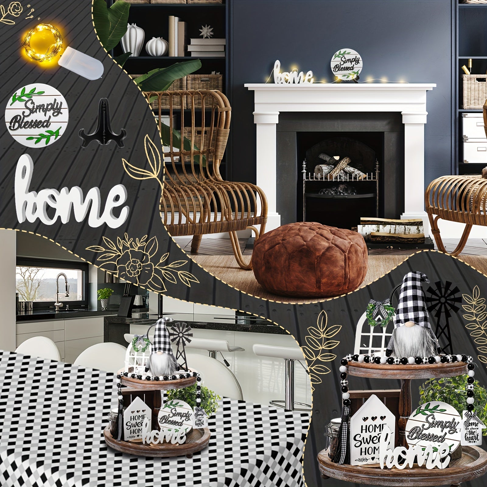 [Rustic Farmhouse Decor] 10 Pcs Black White Buffalo Plaid Farmhouse Decor | Gnome Wooden Mini Sign Rustic Table Ornaments With String Lights For Kitchen Table Decor, Housewarming Gift (Gnome Style)
