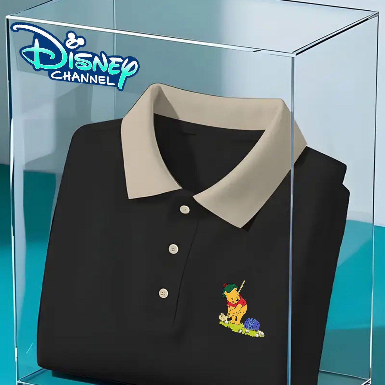 [Disney Authorized] Men's classic shirt, Winnie the Pooh playing golf pattern print, high-end casual business golf shirt, short-sleeved collar, quick-drying and breathable, perfect gift for husband and friends.