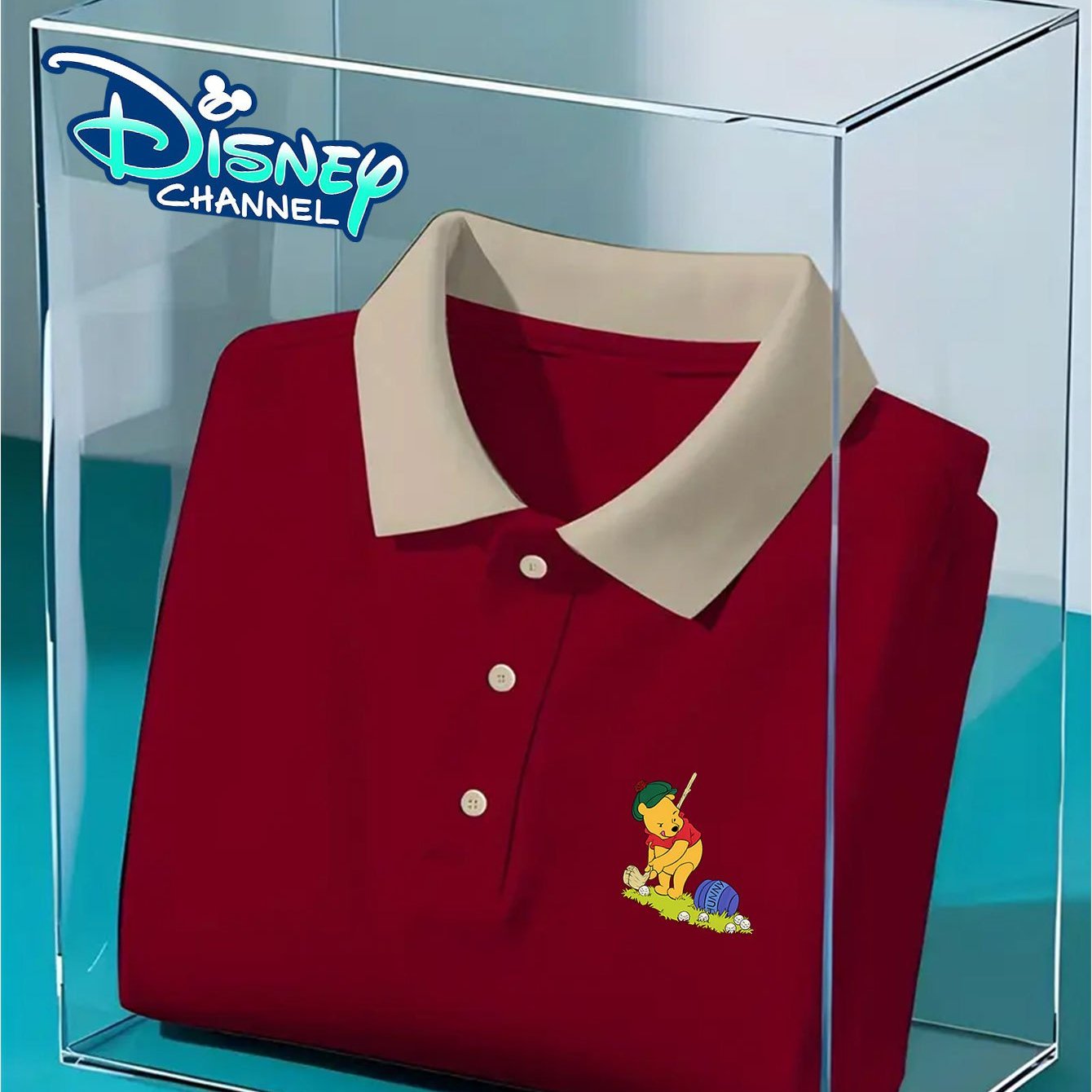 [Disney Authorized] Men's classic shirt, Winnie the Pooh playing golf pattern print, high-end casual business golf shirt, short-sleeved collar, quick-drying and breathable, perfect gift for husband and friends.