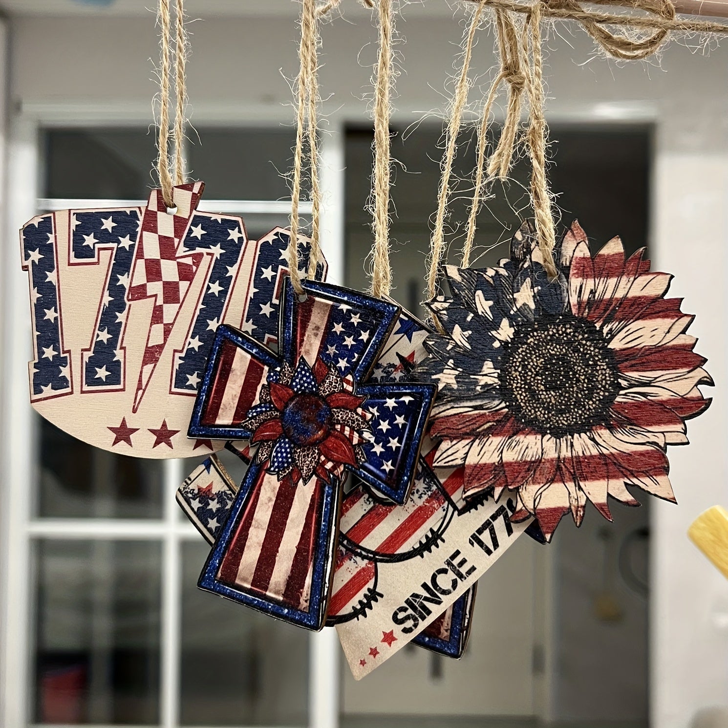 Vintage Wooden Patriotic Tree Ornaments: Celebrate Independence Day with Rustic American, Star, Cactus, Sunflower, and Cross Ornaments