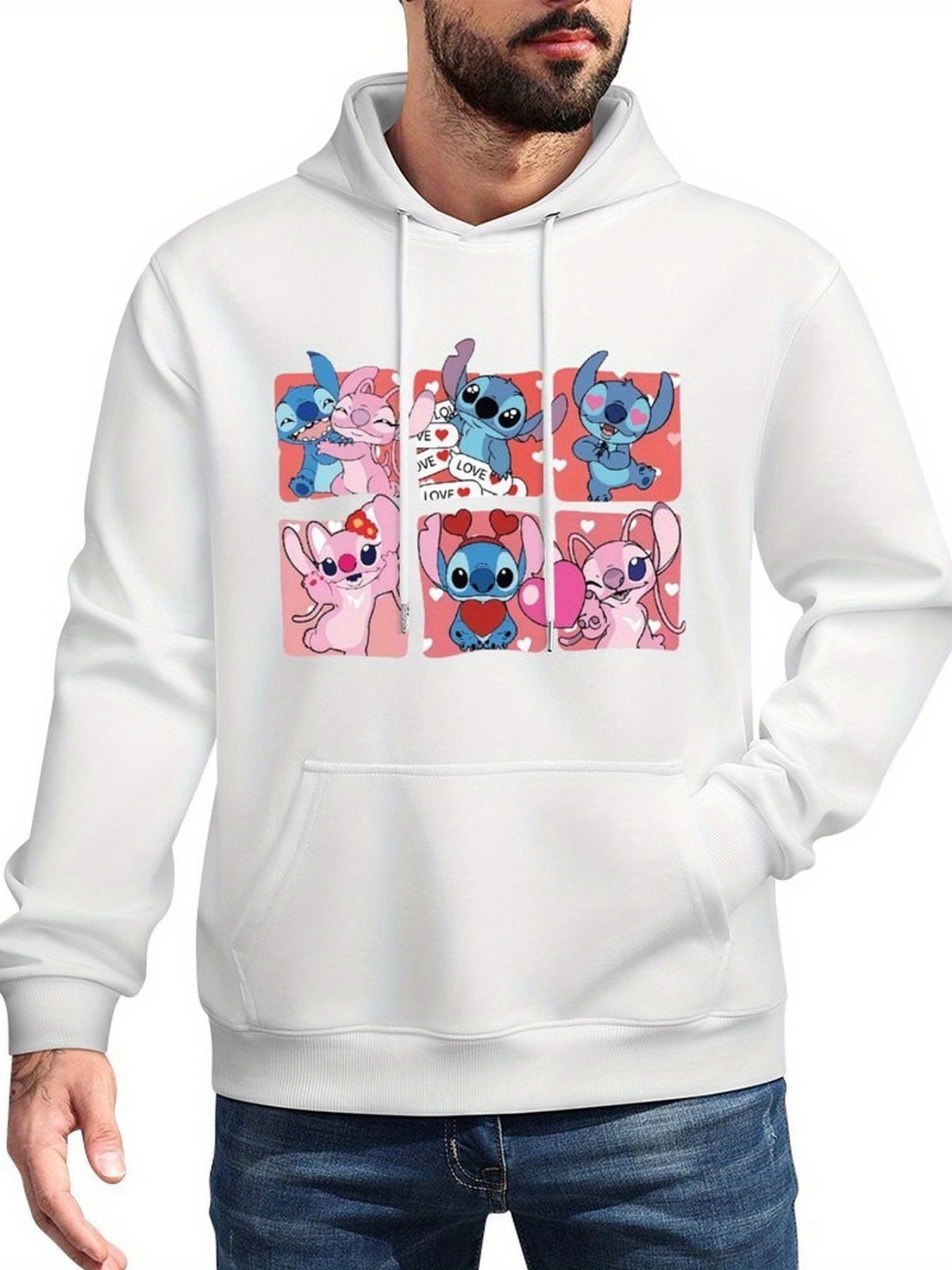 Disney Men's Black Retro Pullover Hoodie with Stitch & Angel Valentine's Digital Print, Soft Regular Fit Casual Sweatshirt, Machine Washable, Front Pocket, Disney Friends Graphic Design, Disney Hoodie, Durable Comfort Wear