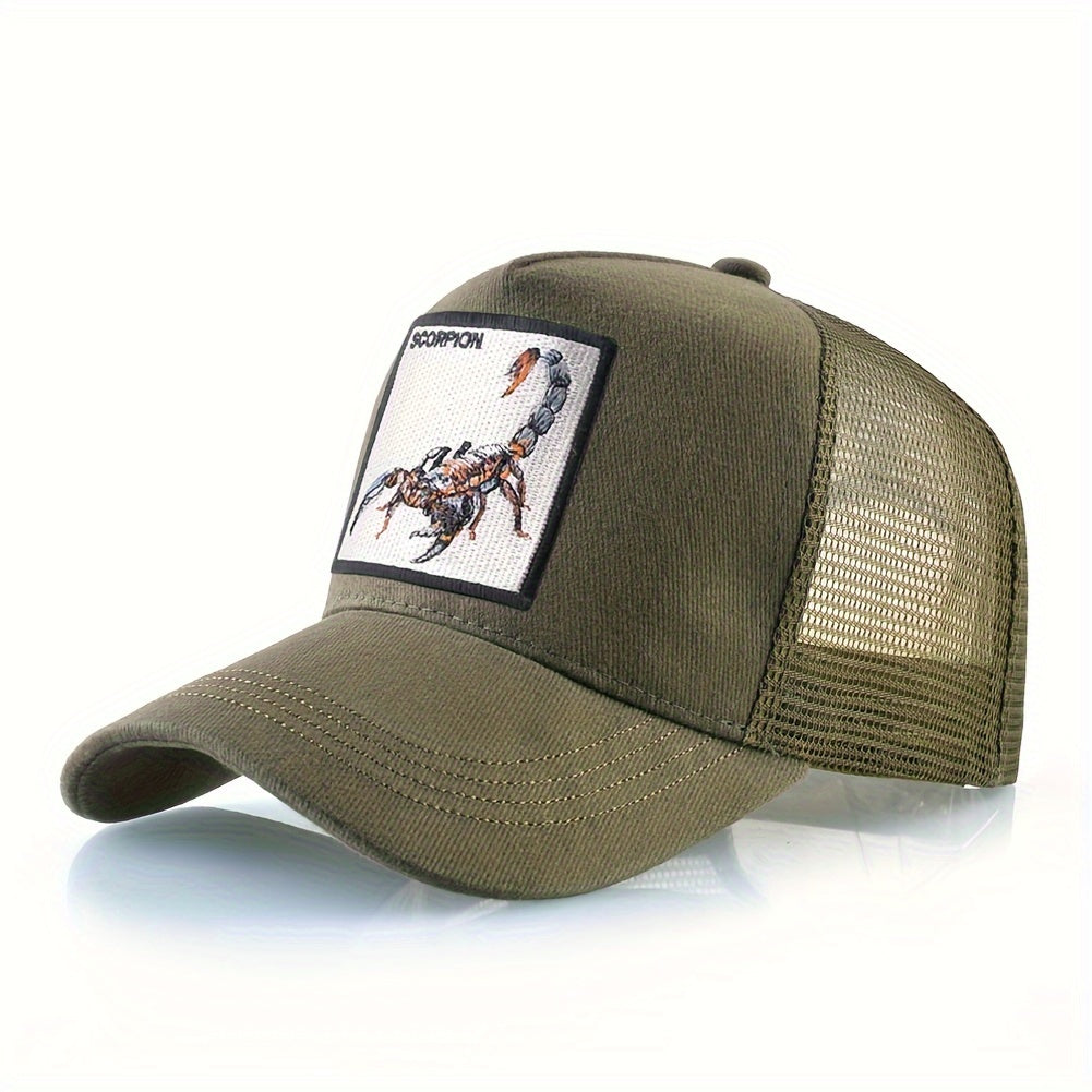 Unisex Embroidered Scorpion Baseball Cap - Breathable Mesh Trucker Hat for Outdoor Sports & Hip-Hop Style, Summer Casual Wear, Black & Beige Design with Bold 