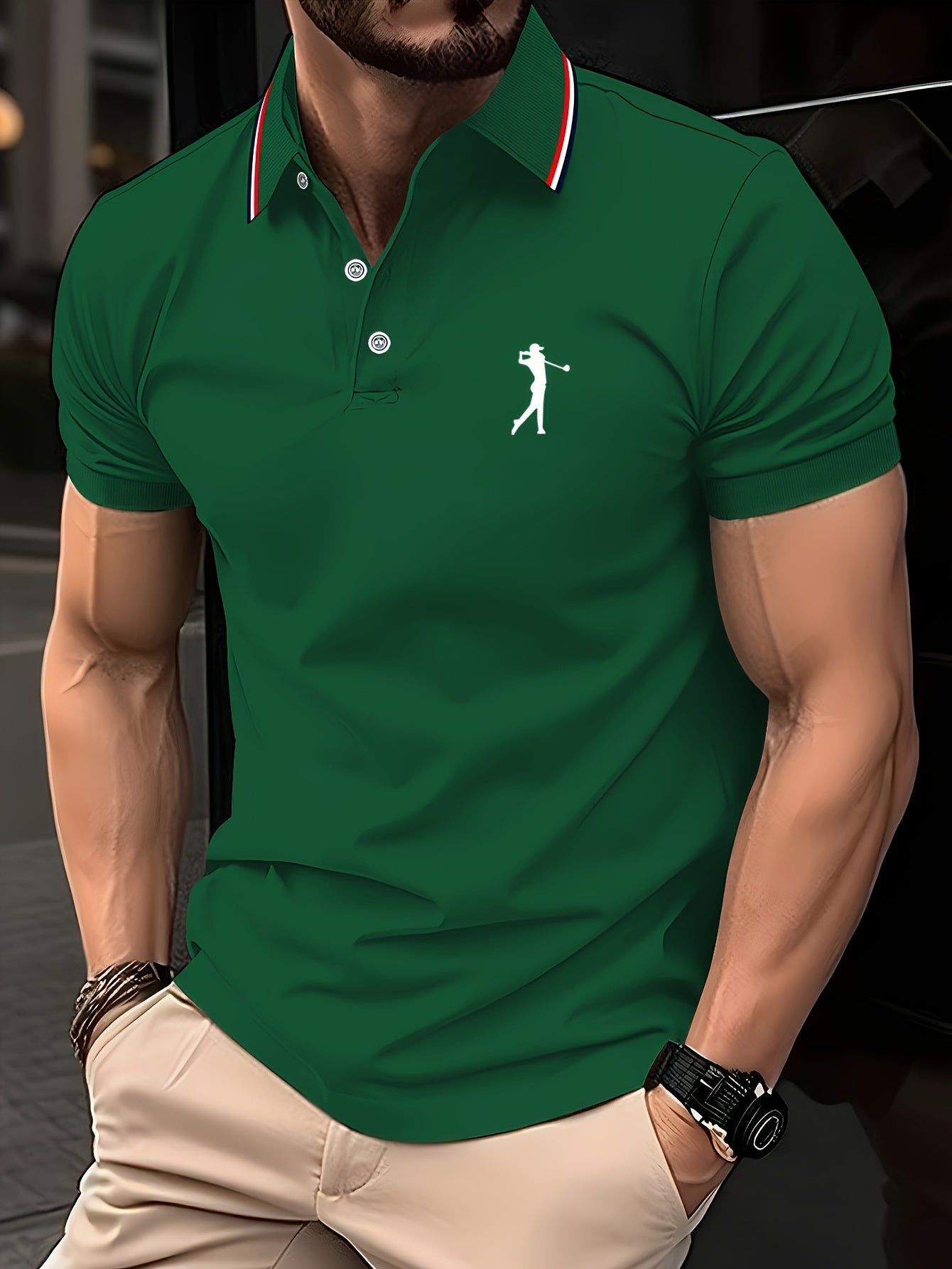 Men's Lightweight Breathable Golf Shirt - Casual Summer Short Sleeve with Collar, Orange Geometric Print, Machine Washable, Perfect for Golf and Business Casual Wear, Contrast Stripe Detailing