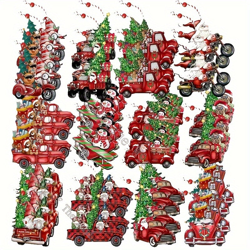 48pcs With Rope Christmas Truck Wood Ornaments - Red Truck Wooden Hanging Decor Gnomes Santa Claus Ornaments For Xmas Tree Decoration Holiday Parties Craft Supplies Living Room, Bedroom, Office, Window, Mantel, Tabletop Decor
