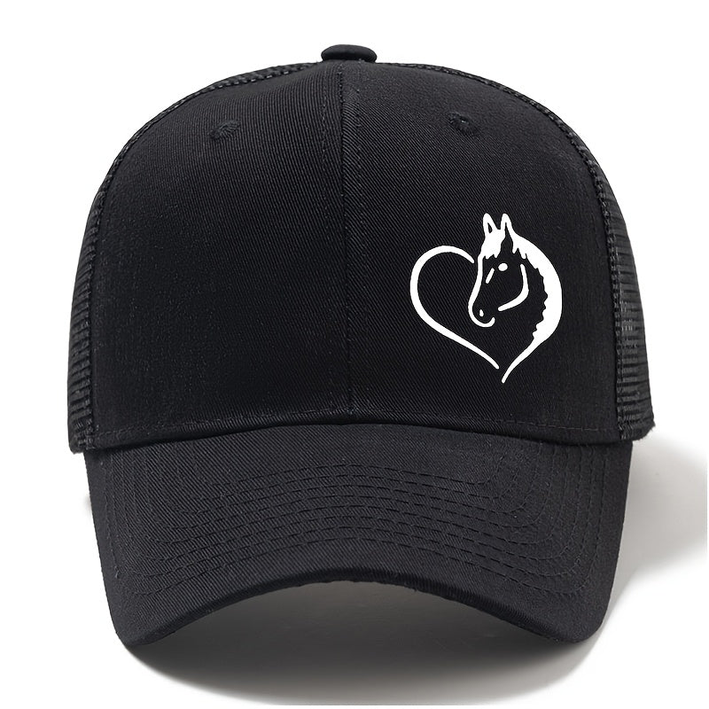 Fashionable Outdoor Sunshade Baseball Cap with a Heart And Horse Pattern, Suitable for Both Men And Women, Perfect for Casual Wear, Outdoor Parties, And Truck Drivers.