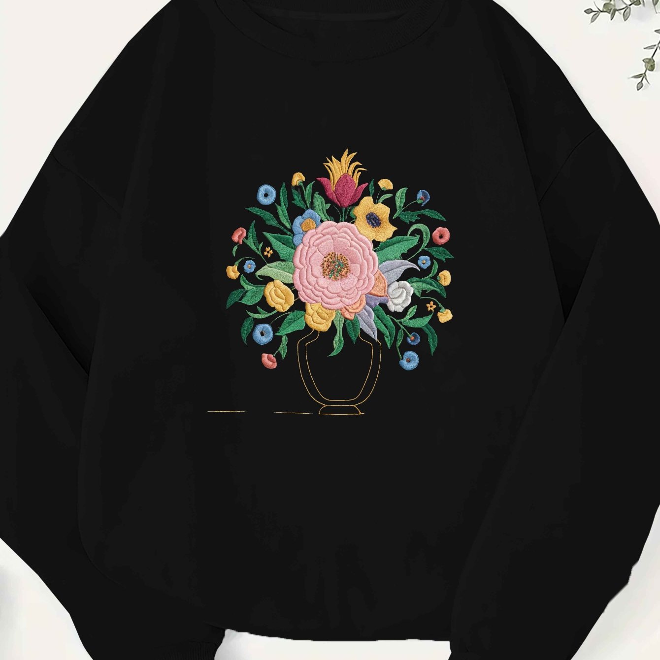 Embroidered Floral Pattern Illustration 250G Women'S Plus Size Sweatshirt