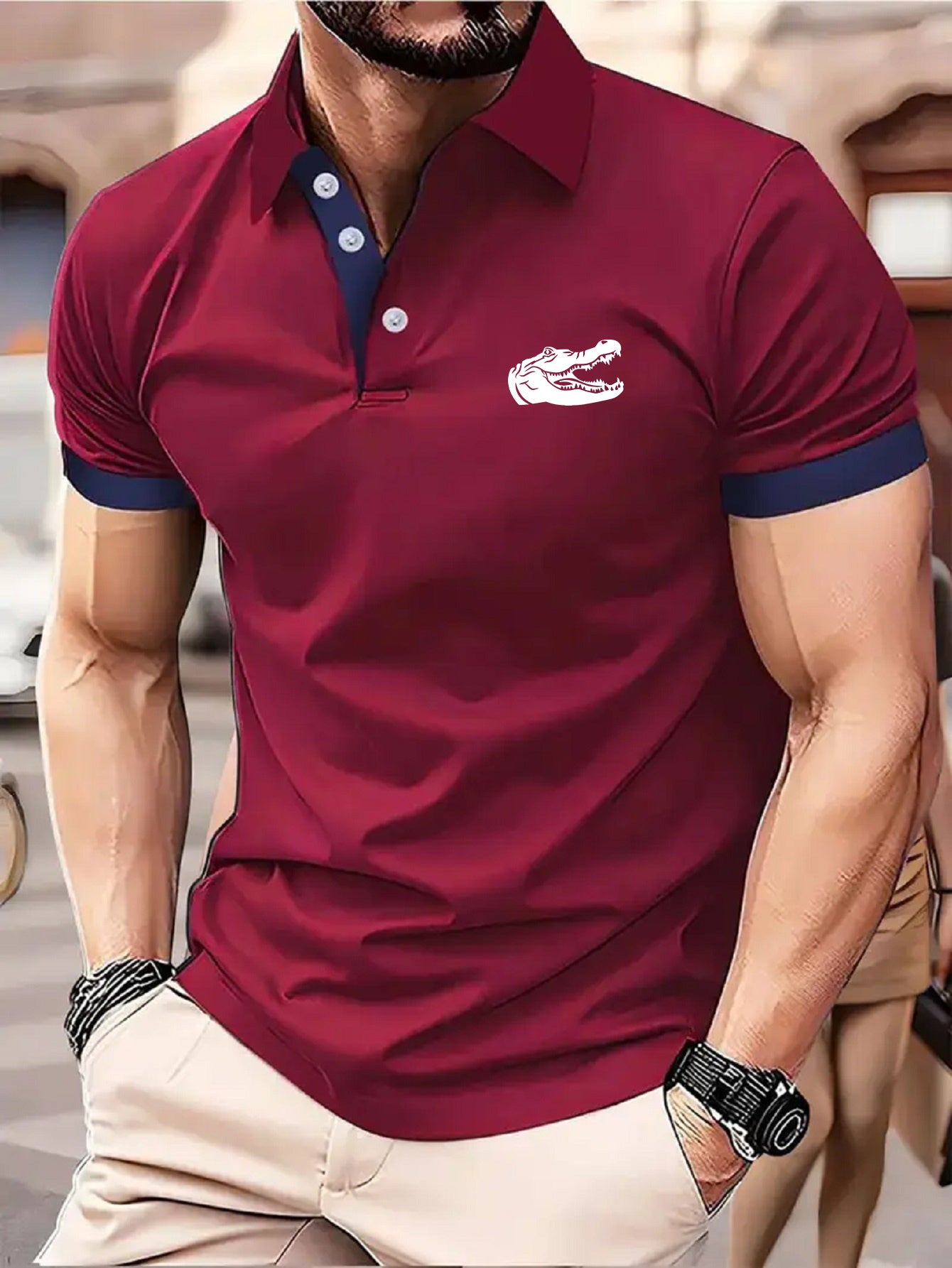 Men's Lightweight Business Casual Shirt - 100% Polyester Breathable, Trendy Geometric Print, 230gsm Micro-Elastic Fabric for Golf, Outdoor & All-Season Wear, Machine Washable, Golf T Shirt, Sports Casual Top, Sleek Formal Loo
