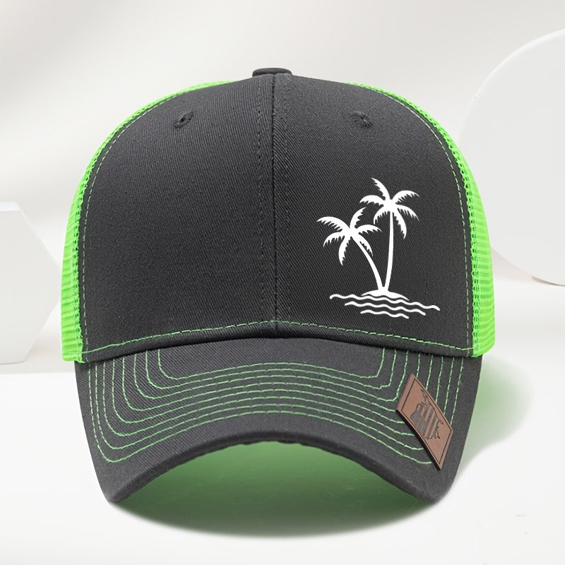 Sports Outdoor Sunshade Fashion Coconut Tree Pattern Print Exquisite Small Faux Leather Badge Hard Top Baseball Cap Hip Hop Duckbill Hat Casual Versatile Fashion Mesh Cap Men and Women Universal Outdoor Party Truck Driver Hat