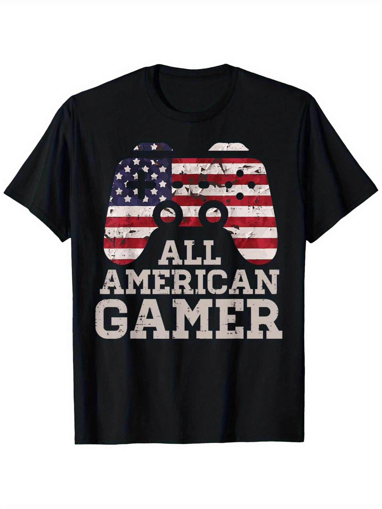 4th of July Patriotic American Flag Gaming T-Shirt - ALL AMERICAN GAMER Design with Controller Graphic, 100% Cotton 180g Crew Neck Tee for Men, Women, Teens - Machine Washable Casual Shirt (Sizes S-XXXL), Gamer T Shirt, Festi