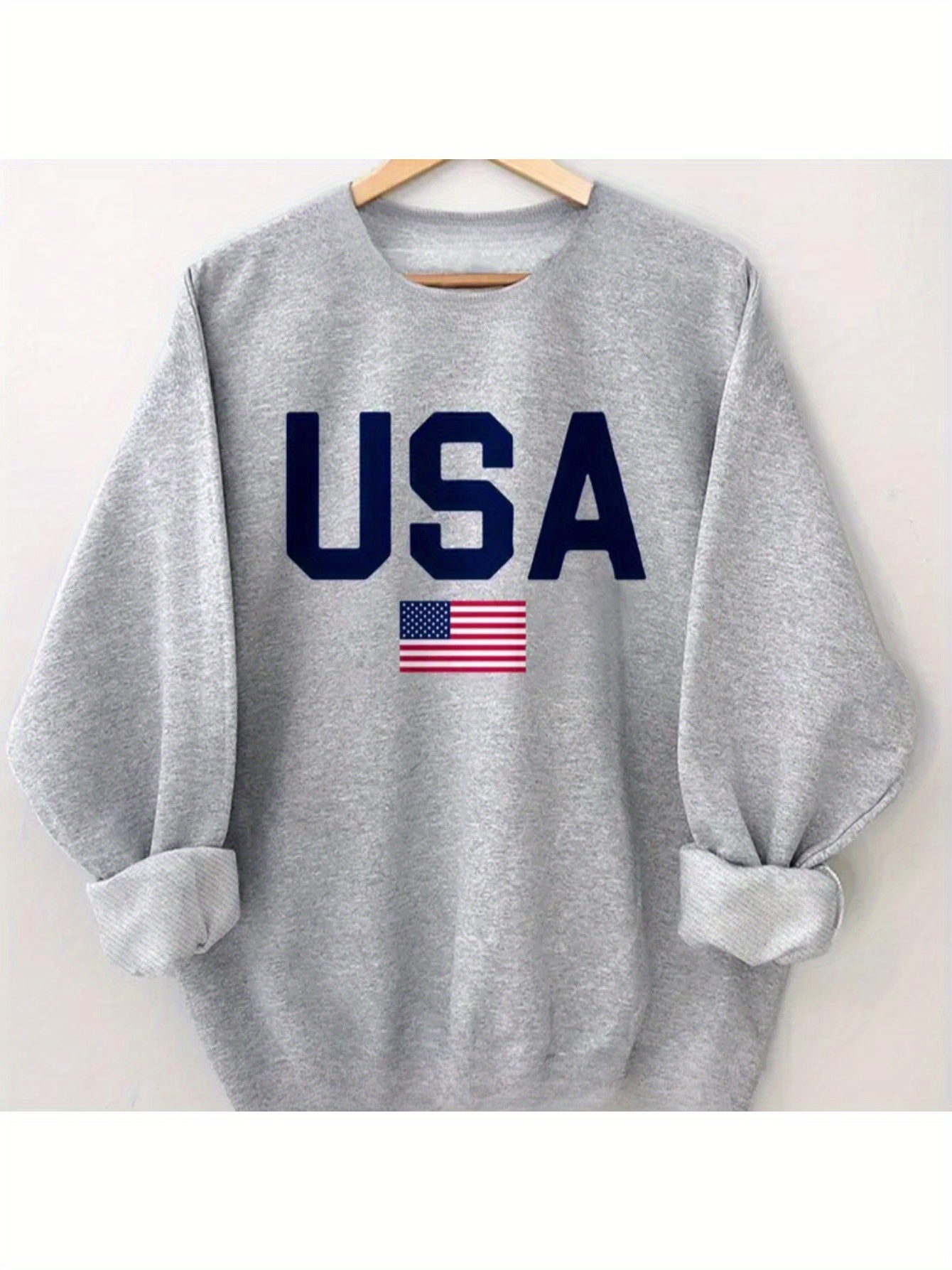 Women's Casual Crew Neck Sweater - USA Flag Design, Long Sleeve Knit Pullover for Fall/Winter, Light Grey with Bold Blue Print, Machine Washable, Comfortable & Stylish Patriotic Sweatshirt, Winter Apparel | Flag Motif Top | M