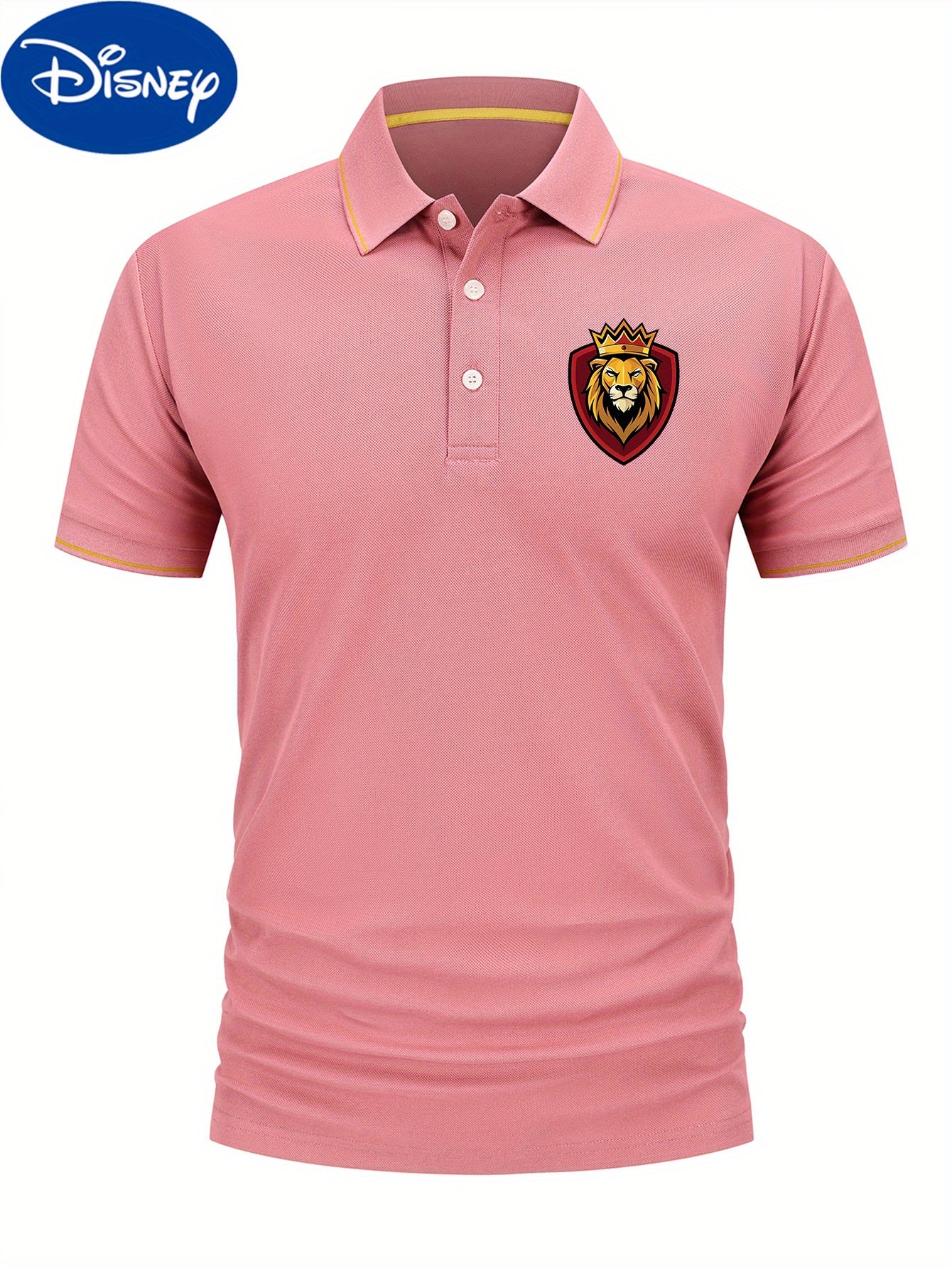 Disney Men's Classic Shirt with Simba Lion King Print - Lightweight Quick-Dry Breathable Polyester, Short Sleeve Collar, Premium Casual Business Casual Style, Vibrant Green with Red Shield Emblem & Golden Crown - Summer Casua