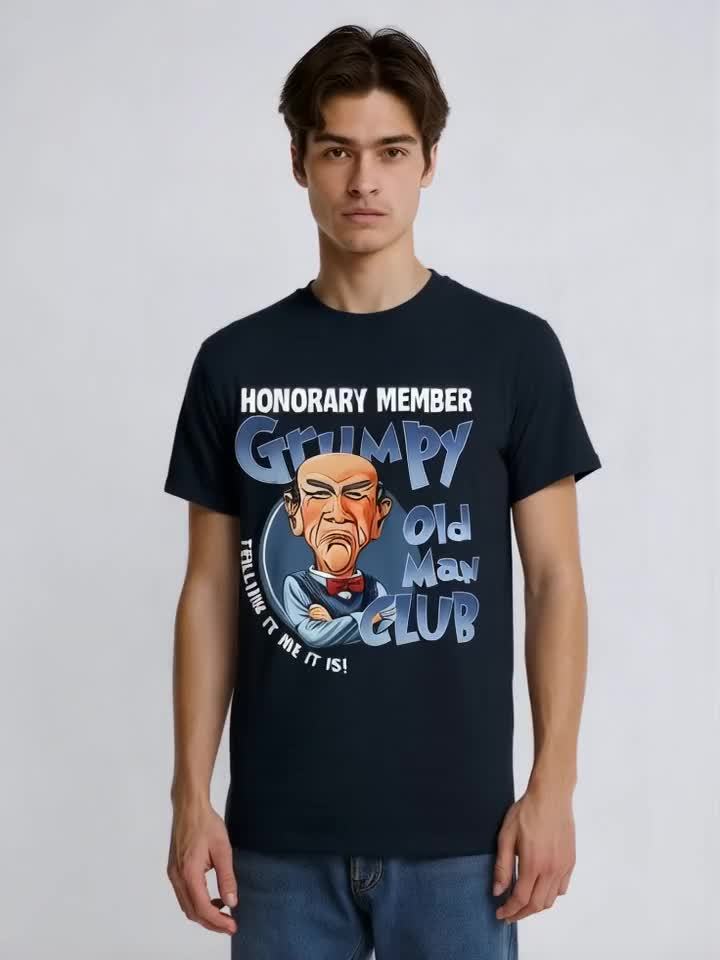 [Grumpy Old | Cotton] Black Cotton Grumpy Old for Man Club Honorary Member T-Shirt | All-Season Casual Round Neck, Machine Washable, Blue Graphic Print 