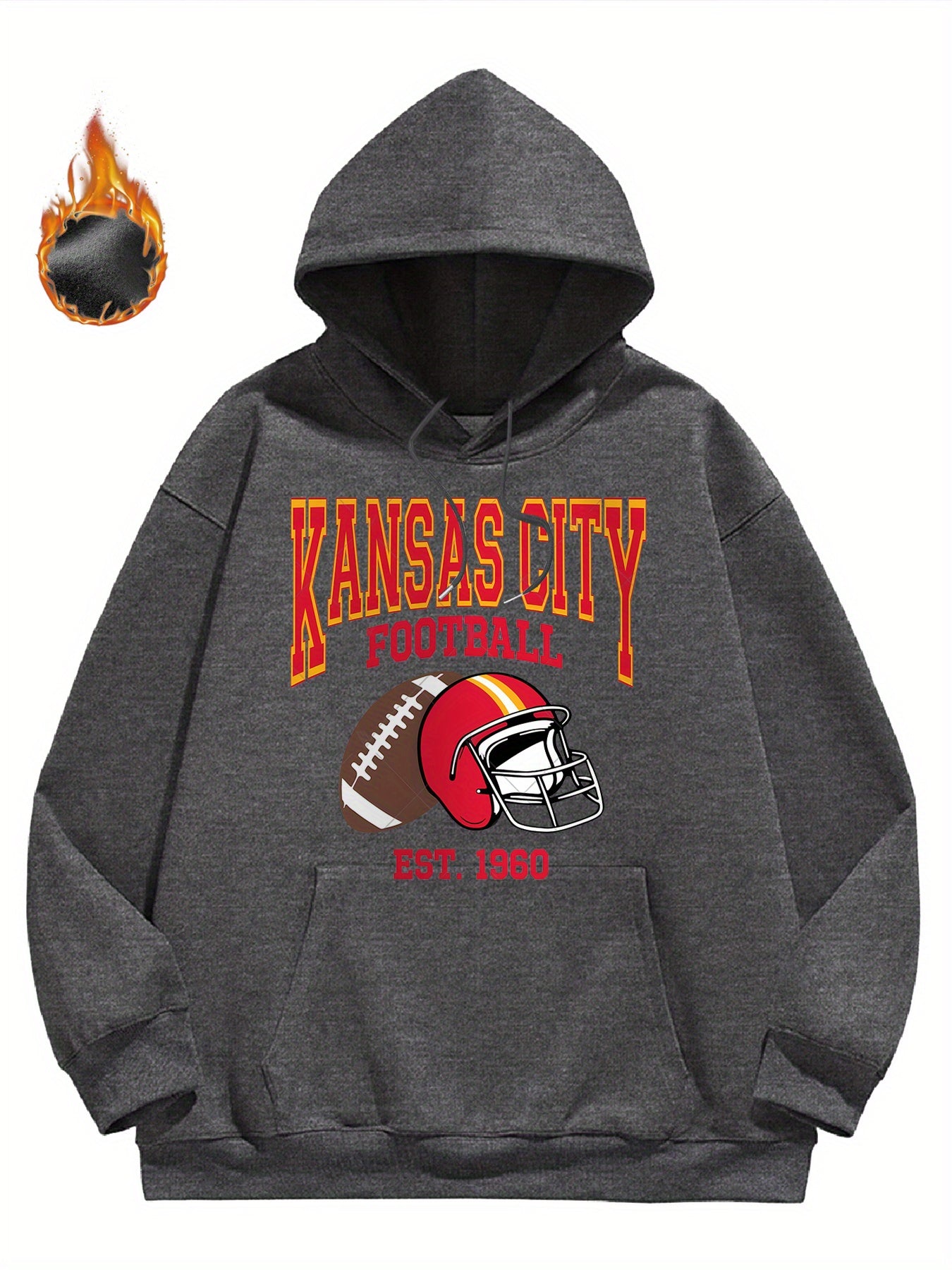 Kansas City Football Hoodie for Men – Cozy Fleece-Lined Casual Sweatshirt with Team Logo & Helmet Design, Perfect for Winter Wear & Game Day Outfits,, Gray, Fleece Lined Hoodie