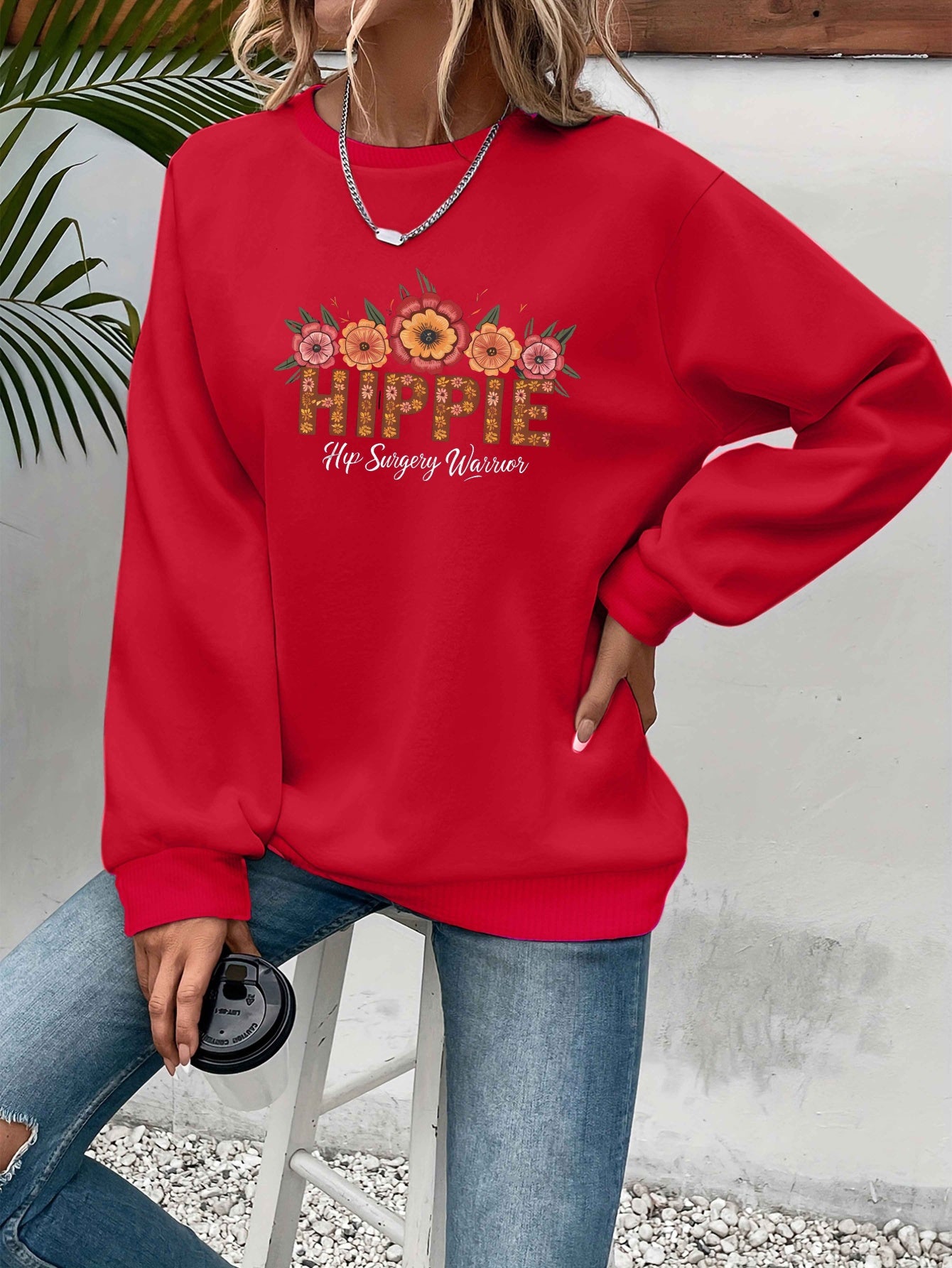 [Relaxed Style] Women's Hippie Warrior Sweatshirt - Cozy Gray Long Sleeve Crewneck with Colorful Floral and Geometric Embroidery, Casual Fall/Winter Polyester Pullover, Clothing Top | Floral Top | Glossy Fabric, Hippie Clothe