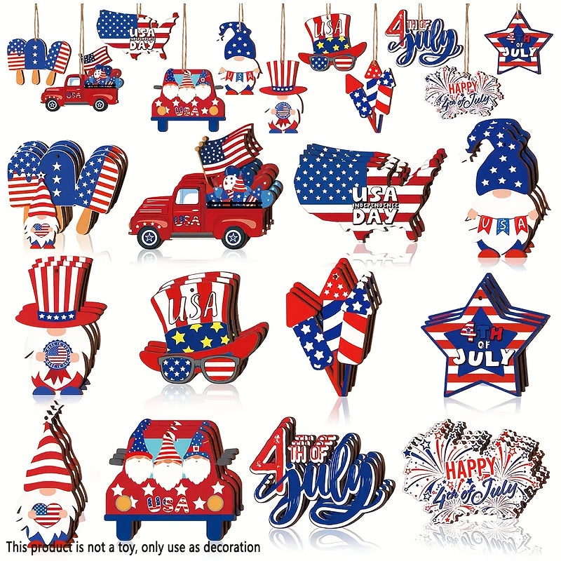 2D Flat - 12pcs, 2D American Independence Day Theme, July 4th Vintage Red And Blue Fireworks Gnome Ice Cream Star Shape, Wooden Hanging Decorations, Home Party Decorations, Garden Decorations, Holiday Decorations.