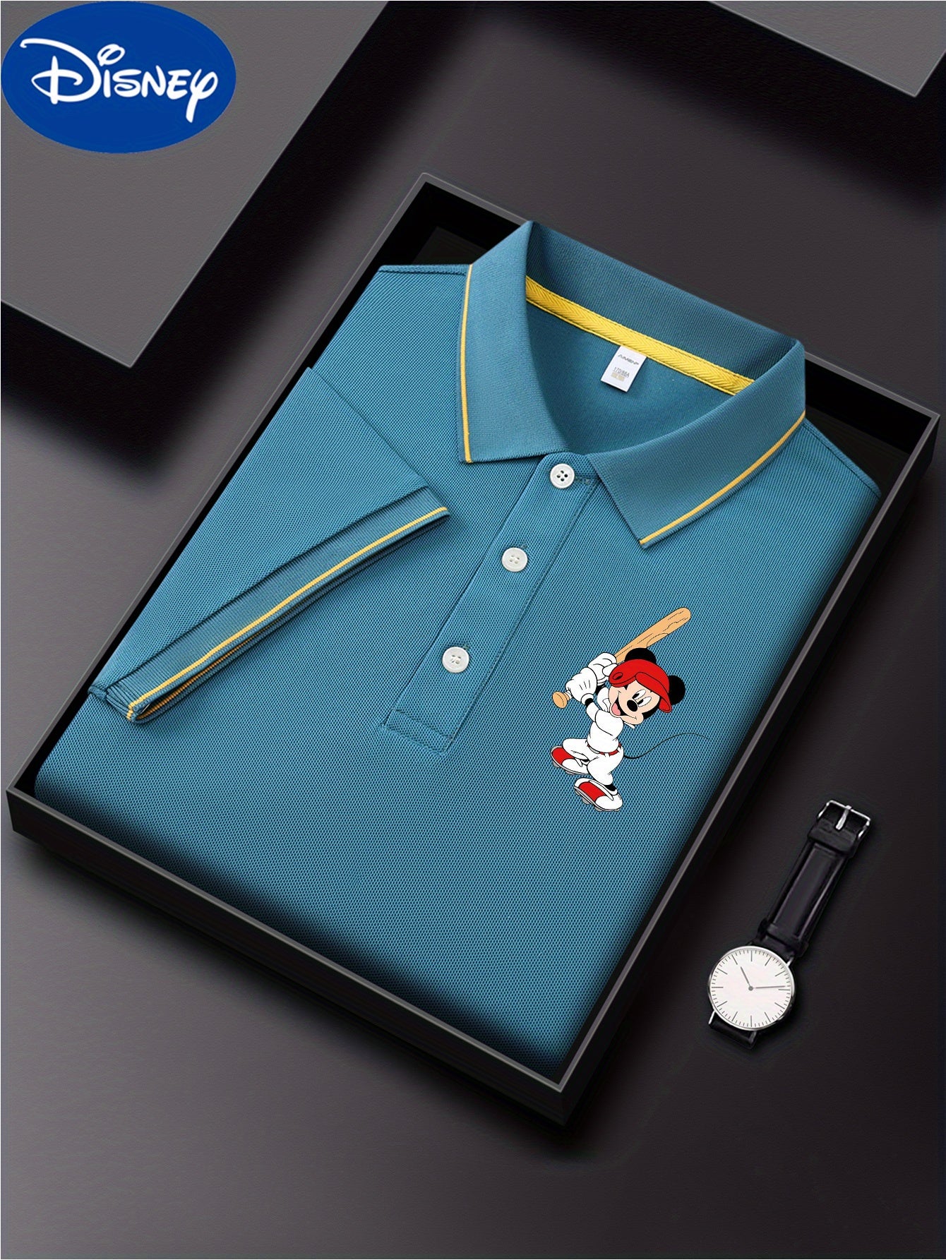 Disney Men'S Classic POLO Shirt, Mickey Batting Baseball Print, Premium Casual Business Casual, Short Sleeve Collar Polo Shirt, Lightweight Polyester, Quick Drying and Breathable Comes in a Display Gift Box Great for Husbands