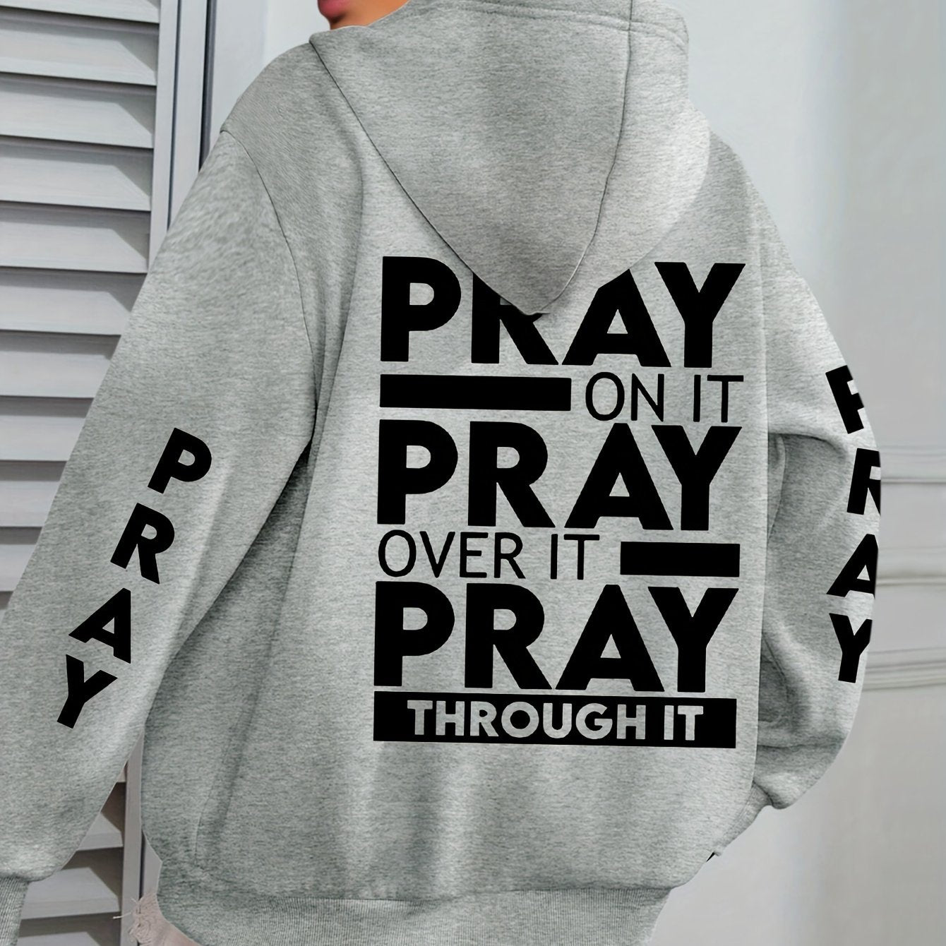 Plus Size PRAY Print Kangaroo Pocket Hoodie - Cozy Casual Long Sleeve Drawstring Sweatshirt with Relaxed Fit for Spring and Fall, Soft and Breathable Fabric, Women's Comfortable Plus Size Clothing