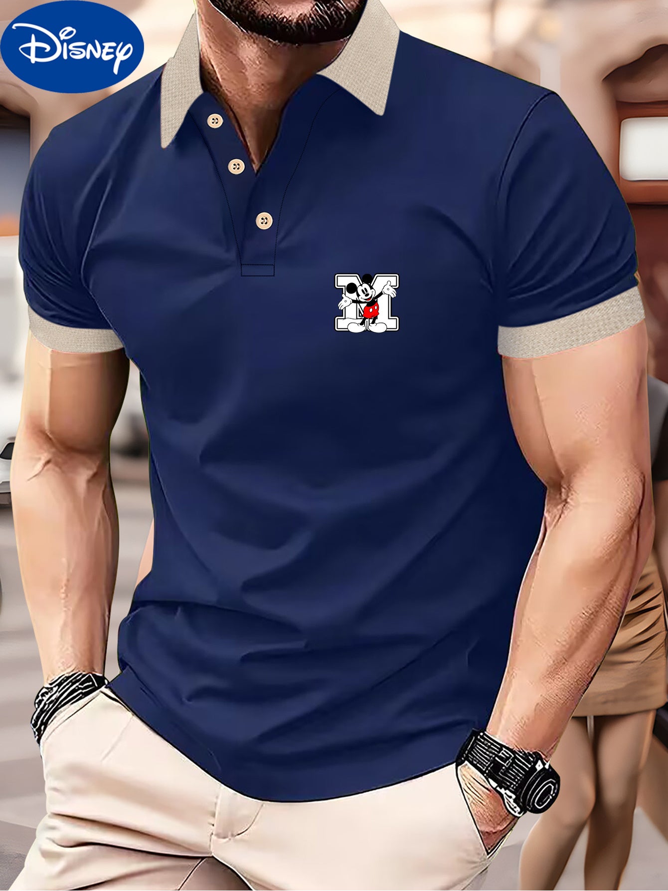 Disney Genuine Men's Series Classic Mickey Mouse M letters printed on the left chest small design summer business fashion Lightweight polyester breathable and quick drying Men's shirts suitable for outdoor sports golf wear