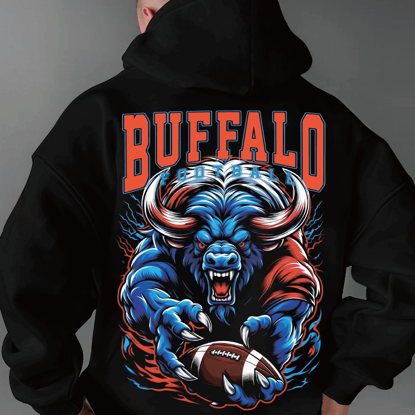 A Buffalo Football Pattern Hoodie-Casual Crew Neck Pullover, Geometric Pattern, Regular Version, Knitted Sports Sweater 340g