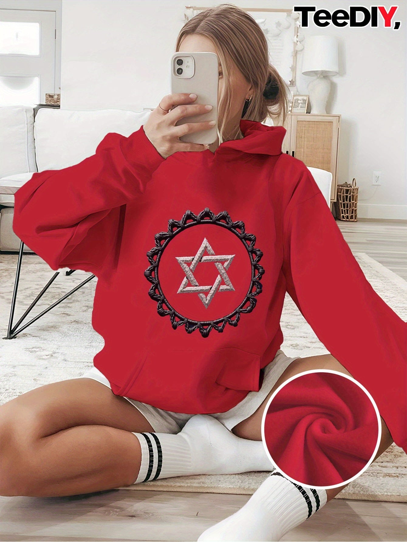Silvery Star Of David Embroidered Motif Women's plus size hoodies