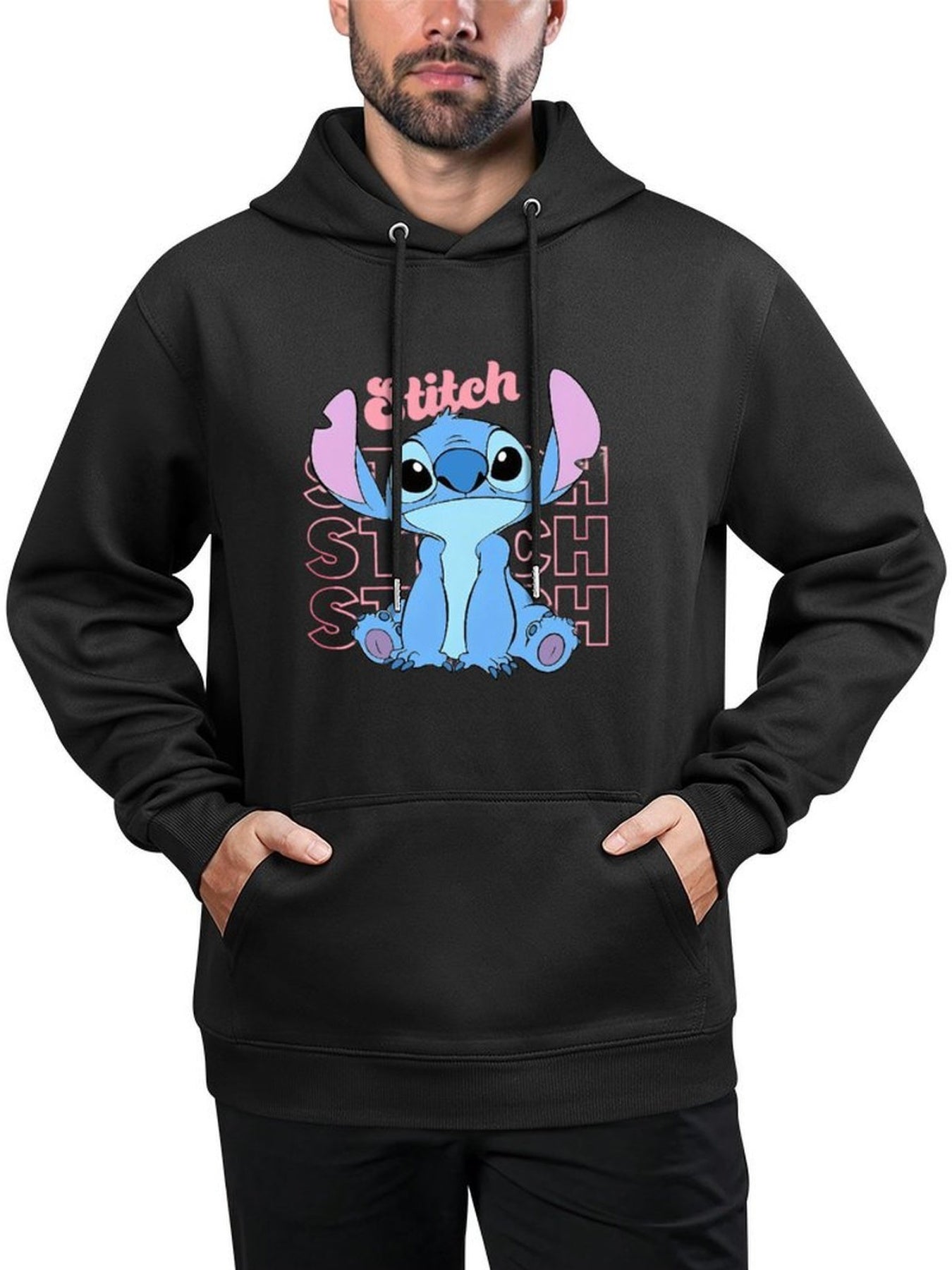 Disney Men'S Black Retro Pullover Hoodie with Stitch Cartoon Character Disney Friends Digital Print, Soft Regular Fit Casual Sweatshirt, Machine Washable, Disney Sweatshirt