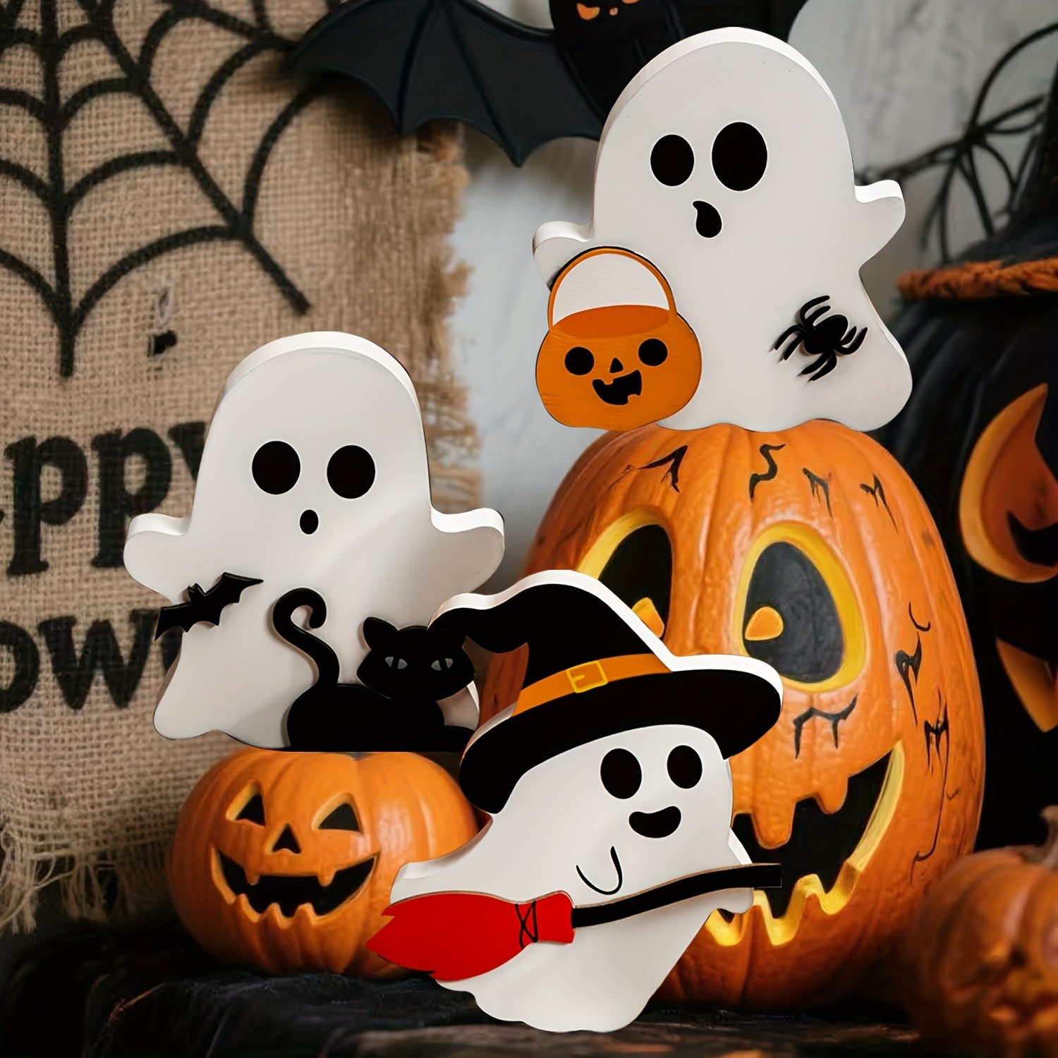 Cute Halloween Tray Decorations Indoor - Wooden Tiered Tray Decor Table Sign Set of 3 - Pumpkin Blocks with Black Cat, Bat, Witch, Broom - Spooky Home Shelf Display, Party Table Centerpiece for Fall Holiday, Summer Setup and