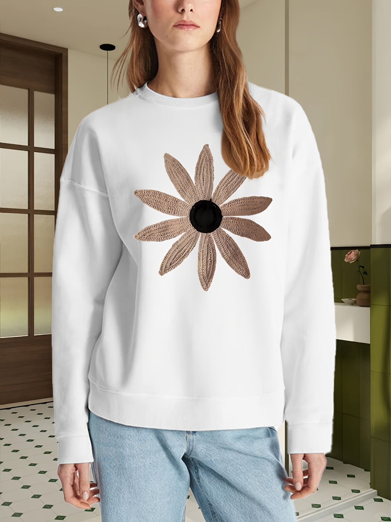 Women's Flower Embroidery Crew - Neck Long - Sleeve Casual Loose Crew - Neck Sweatshirt, Machine - Washable Embroidery Pattern Comfortable Women's Crew - Neck Sweatshirt, The Most Stylish And Comfortable Gift for Female Frien