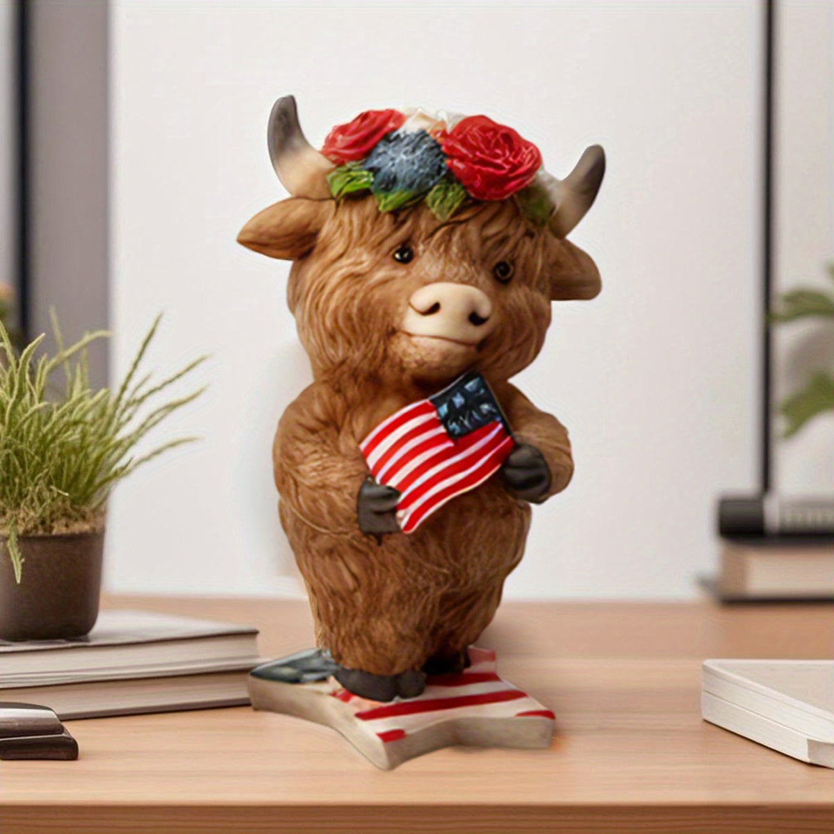Mother'S Day Independence Day Birthday Gift New Casual, Elegant And Fashionable Patriotic Highland Cow Statue Cute Resin Animal Statue Independence Day Indoor And Outdoor Garden Decoration