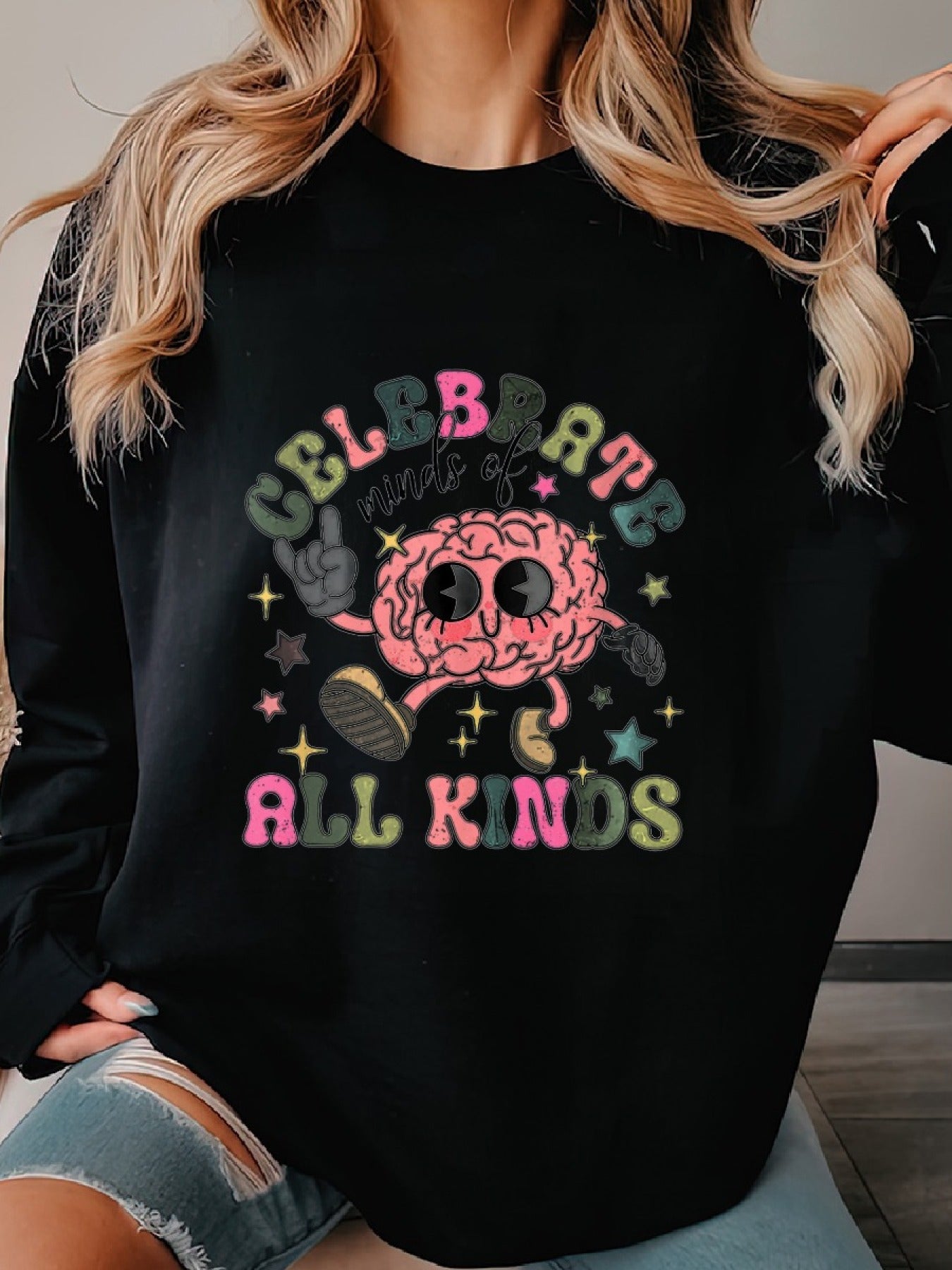 [Long Sleeve Mental Health Pullover] Celebrate Minds of All Kinds Sweat, Autism Sweater, ABA Therapist Crewneck, ADHD, Autism Acceptance Gift, Mental Health, Sped Woman's Cozy Classic Print Pullover Sweater, Casual Long Sleev