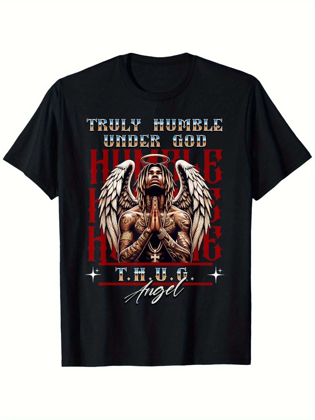 Truly Humble Under GOD - T.H.U.G. Christian Religious T-Shirt with Angel Wings Graphic, Heavyweight 180gsm Cotton Tee for Men & Women, Large Sizes up to 5XL - Church, Bible Study, Family Gifts - Black Crewneck Shirt, Religiou