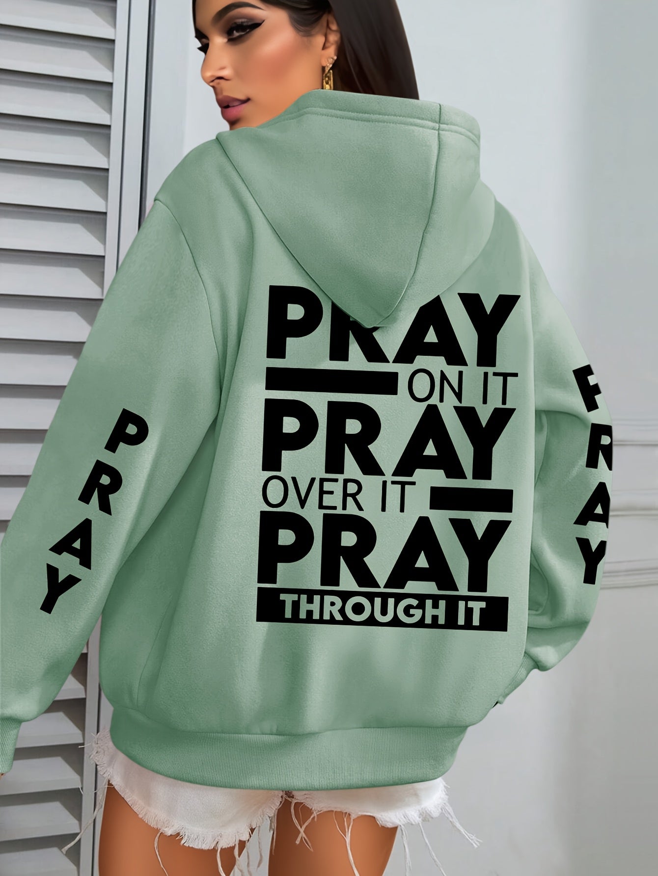 Plus Size PRAY Print Kangaroo Pocket Hoodie - Cozy Casual Long Sleeve Drawstring Sweatshirt with Relaxed Fit for Spring and Fall, Soft and Breathable Fabric, Women's Comfortable Plus Size Clothing