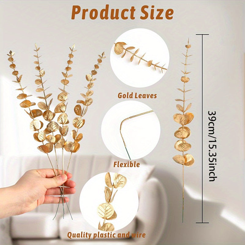 Eucalyptus Stems Artificial Eucalyptus Leaves Decor Eucalyptus Branches Fake Eucalyptus with Fake Leaves 15.35 inch Faux Eucalyptus Stem for Vase Wedding Bouquet Home (Silvery, Golden)