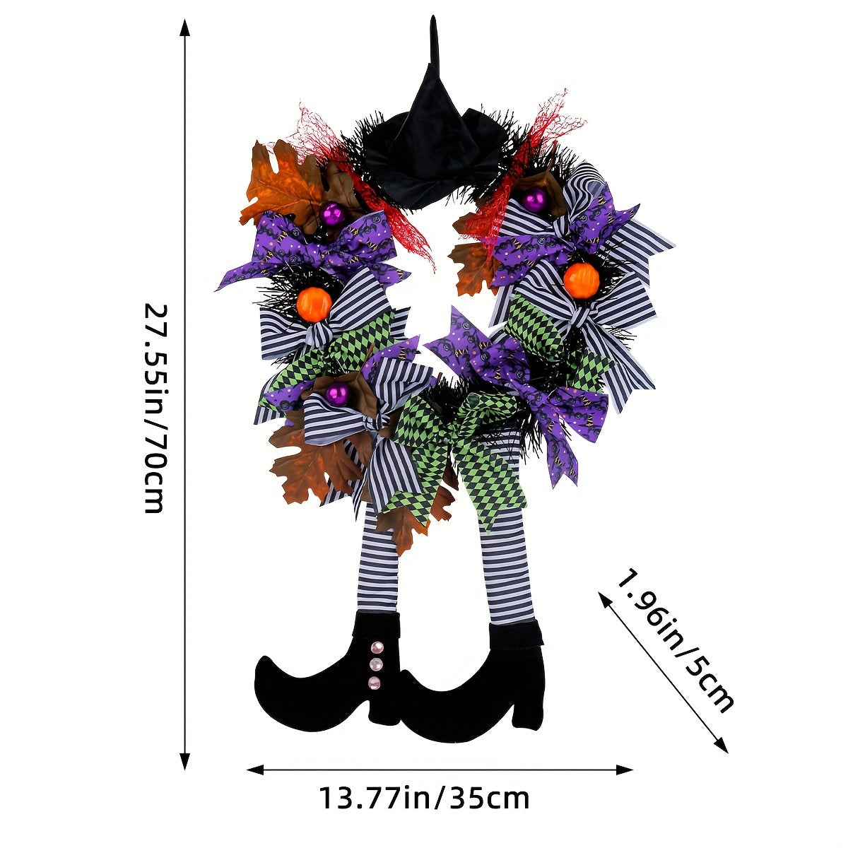 Halloween Wreath, Halloween Witch Decorations, Halloween Door Decor Garden Hanging Witch Garland Pendant with Witch Hat Legs for Front Door, Witch Wreath