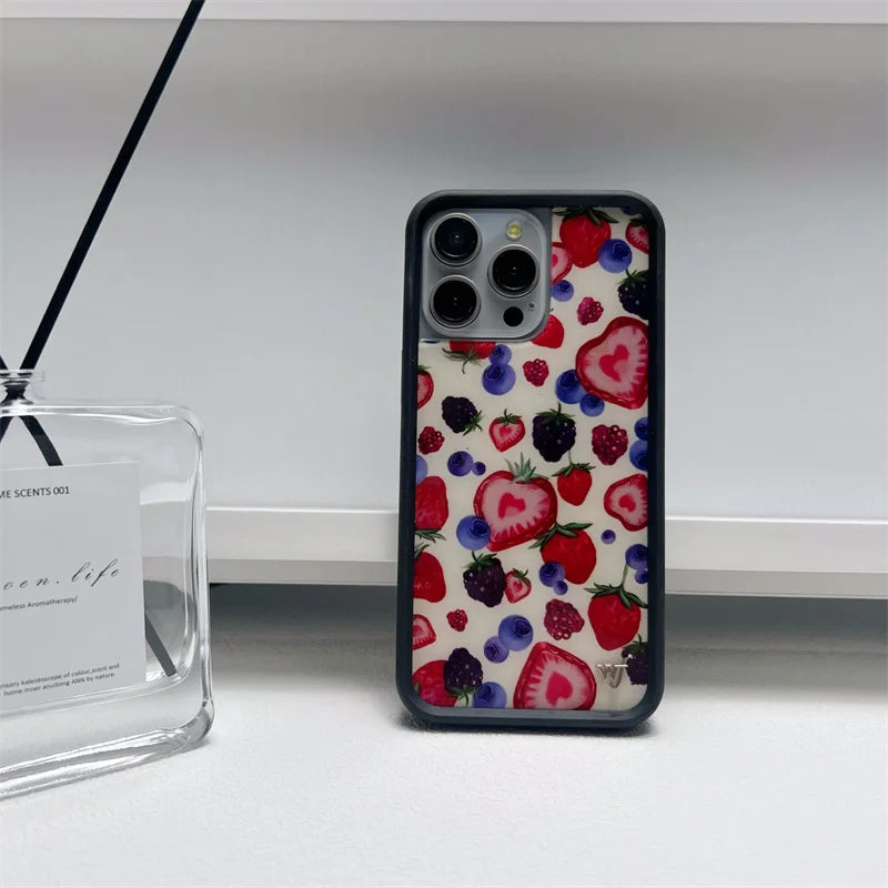 Wildflower Ins Cute Cartoon Phone Case for iPhone Leopard Print Cherry Pink Cat Brown 13 Pro 14 Pro 15 Pro WF Strawberry Case