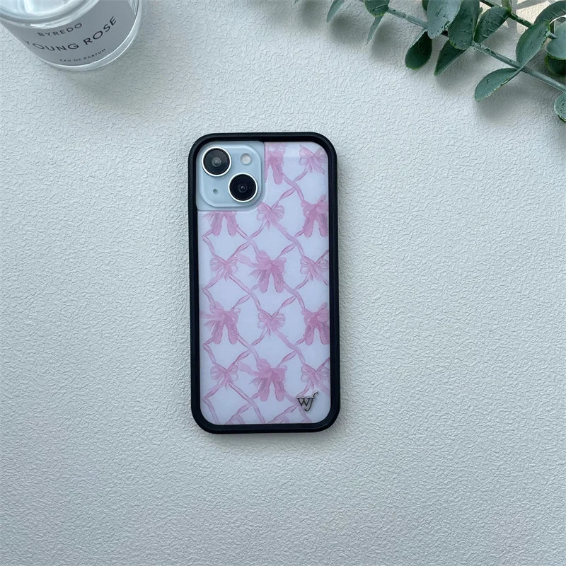 Wildflower Ins Cute Cartoon Phone Case for iPhone Leopard Print Cherry Pink Cat Brown  13 Pro 14 Pro 15 Pro WF Strawberries case