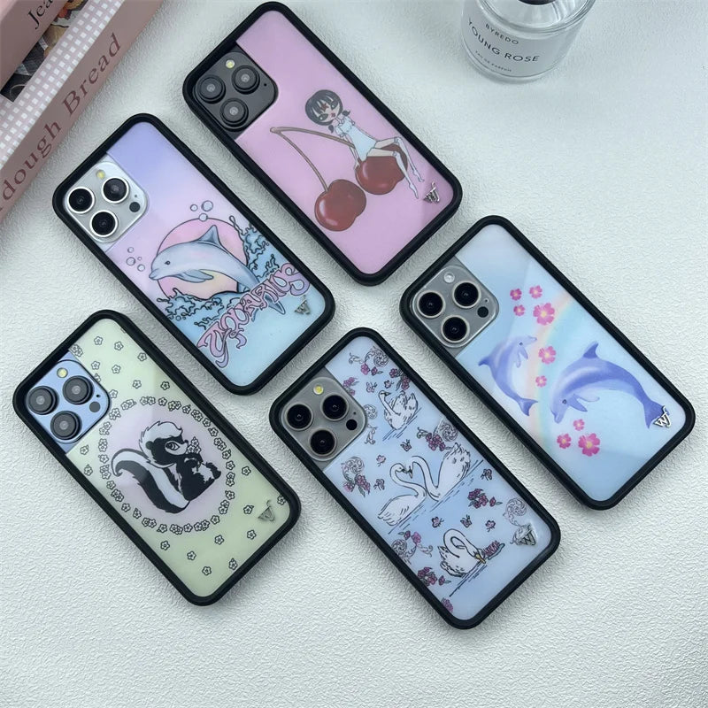 Wildflower ins cute animal phone case for iPhone16promax 15Pro 16 15 14plus 13Pro 12Pro cartoon Cherry Dolphin swan print bottom