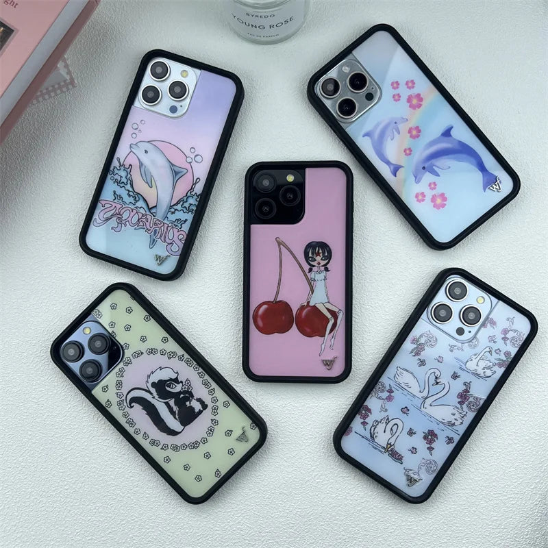 Wildflower ins cute animal phone case for iPhone16promax 15Pro 16 15 14plus 13Pro 12Pro cartoon Cherry Dolphin swan print bottom