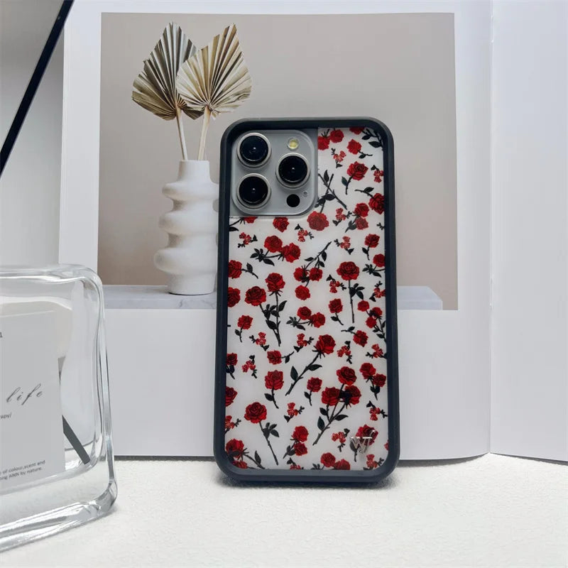 Wildflower Ins Cute Cartoon Phone Case for iPhone Leopard Print Cherry Pink Cat Brown 13 Pro 14 Pro 15 Pro WF Strawberry Case