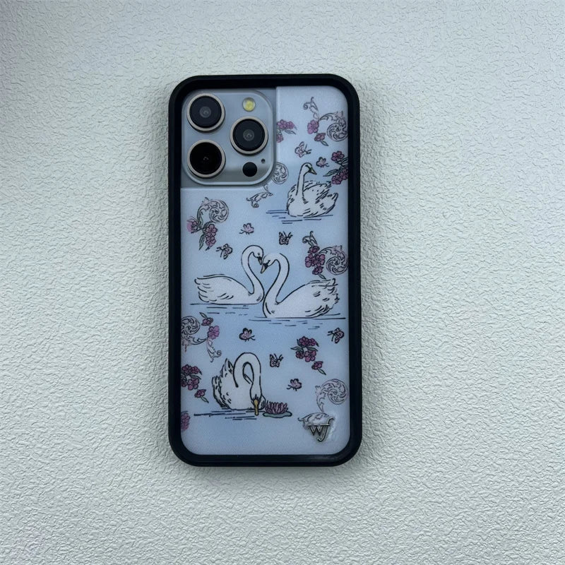 Wildflower ins cute animal phone case for iPhone16promax 15Pro 16 15 14plus 13Pro 12Pro cartoon Cherry Dolphin swan print bottom