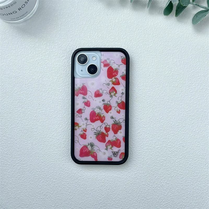 Wildflower Ins Cute Cartoon Phone Case for iPhone Leopard Print Cherry Pink Cat Brown  13 Pro 14 Pro 15 Pro WF Strawberries case