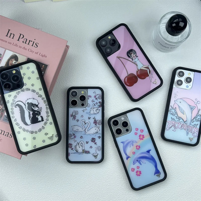 Wildflower ins cute animal phone case for iPhone16promax 15Pro 16 15 14plus 13Pro 12Pro cartoon Cherry Dolphin swan print bottom