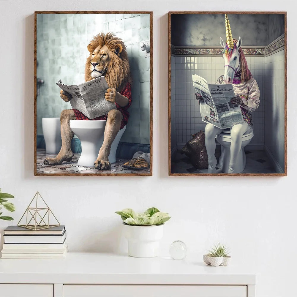 Funny Bathroom Humorous Animal Poster Self-adhesive Art Waterproof Paper Sticker Coffee House Bar Room Wall Decor