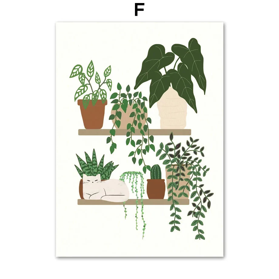 Abstract Green Plants Black Cat Wall Art Canvas Painting Aesthetics Posters And Prints Wall Pictures For Boho Living Room Decor