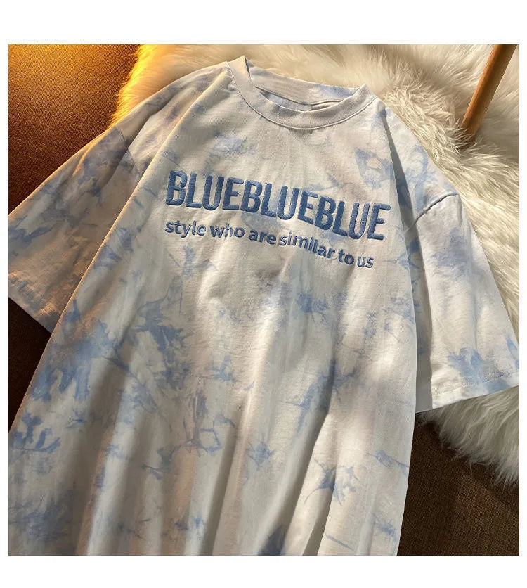 Tie-dye Embroidery Letter Short Sleeve Top Korean Popular Trendy Female T-shirt Summer New 2024 Fashion Y2K Tops