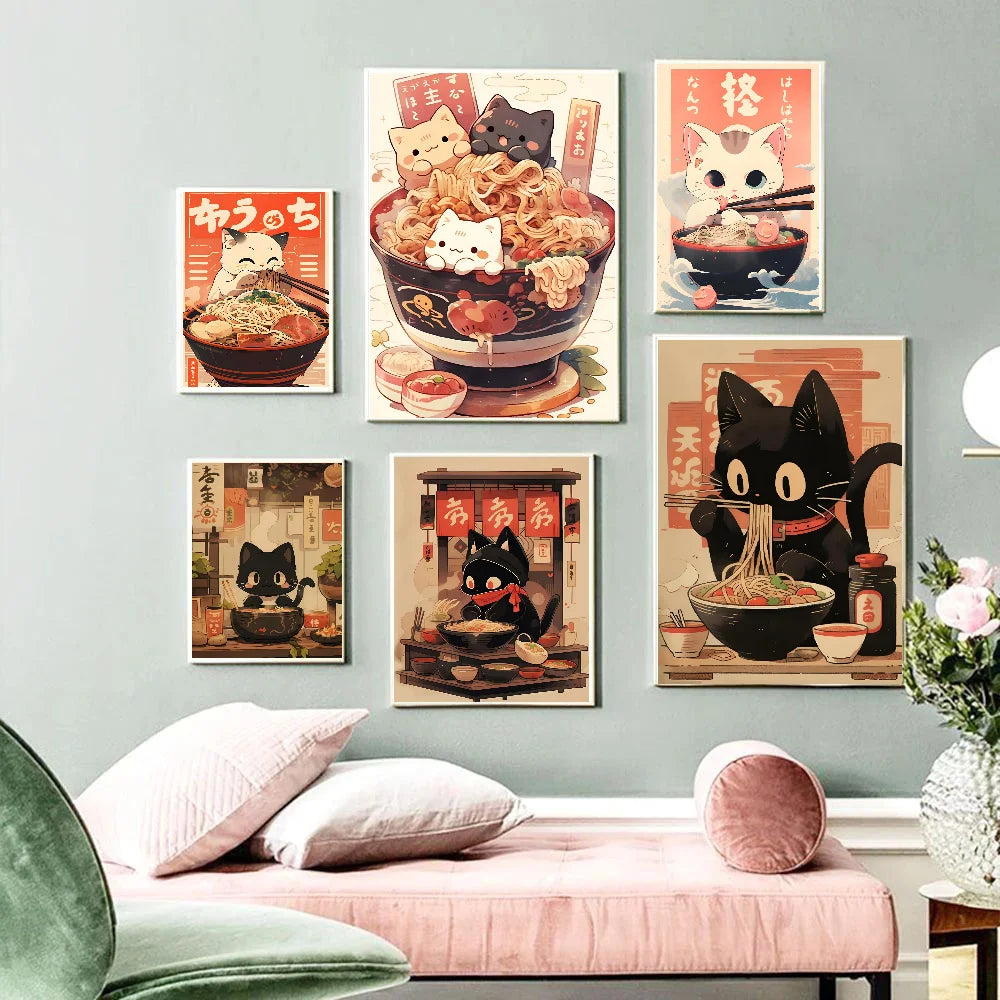 1pc Hot Style Kawaii Japanese Ramen Animal Cat Poster HD Posters Home Room Bar Cafe Decor Art Wall Painting Picture