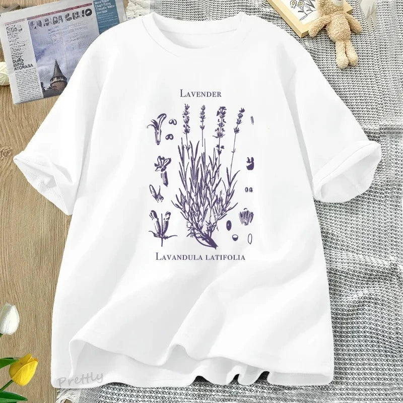 Retro Lavender Graphic T-Shirt Wildflowers Nature Botanical T Shirt Women Short Sleeve Round Neck Tshirt Harajuku Clothes Tees